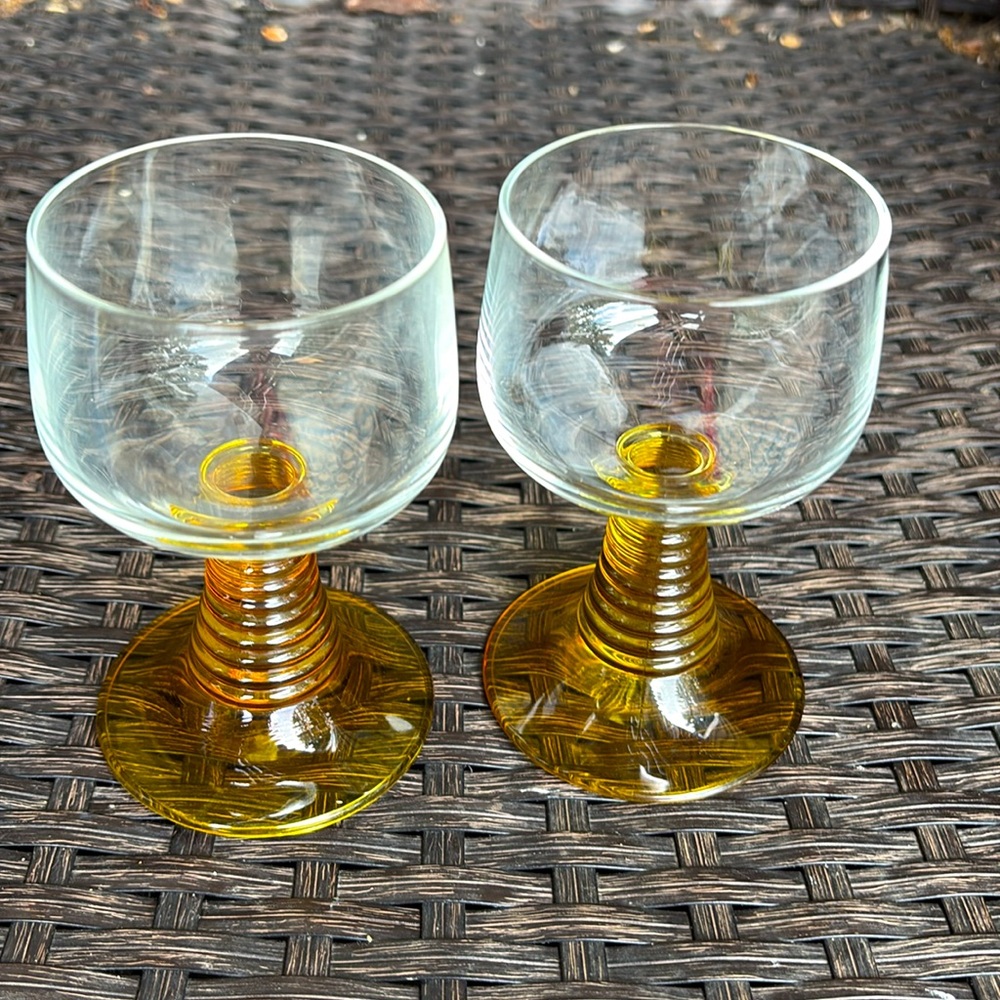 Vintage Glass Goblets with Amber Stems. Set of 2.